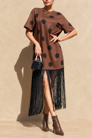 DD8809, Fringe Detail Polka Dot Knit Midi Dress