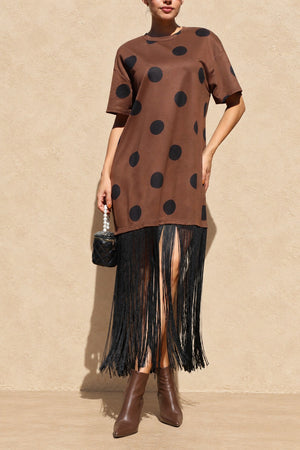 DD8809, Fringe Detail Polka Dot Knit Midi Dress