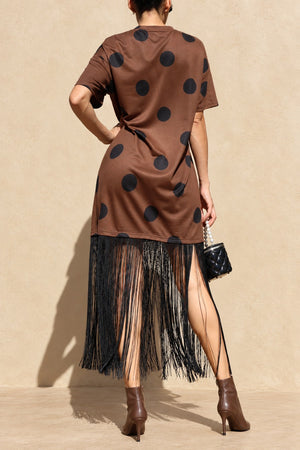 DD8809, Fringe Detail Polka Dot Knit Midi Dress