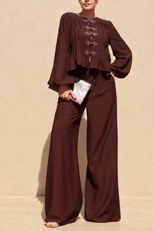 DD8734, Frog Closure Peplum Top & Pants Set