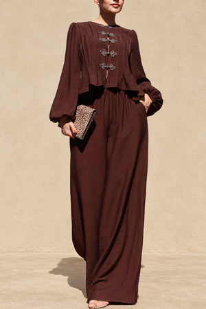 DD8734, Frog Closure Peplum Top & Pants Set