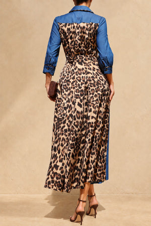 DD8812, Leopard Denim Button Down Shirt Midi Dress
