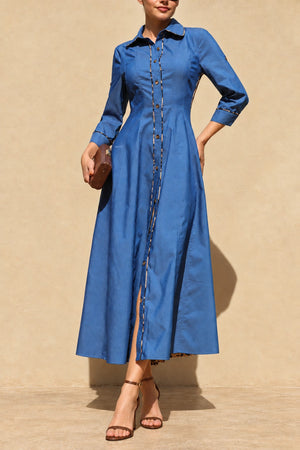 DD8812, Leopard Denim Button Down Shirt Midi Dress
