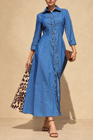 DD8812, Leopard Denim Button Down Shirt Midi Dress