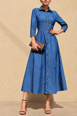 DD8812, Leopard Denim Button Down Shirt Midi Dress