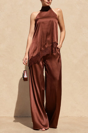 DD8748, Asymmetrical Lace Trim Satin Top & Pants Set