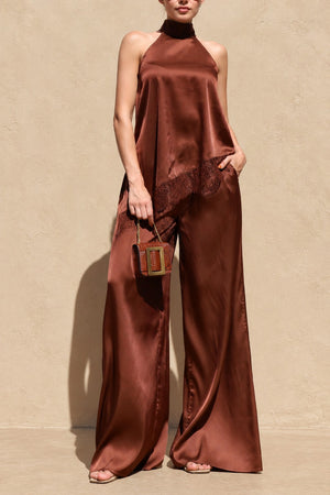 DD8748, Asymmetrical Lace Trim Satin Top & Pants Set