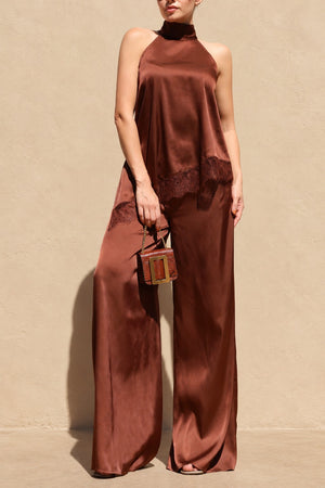 DD8748, Asymmetrical Lace Trim Satin Top & Pants Set