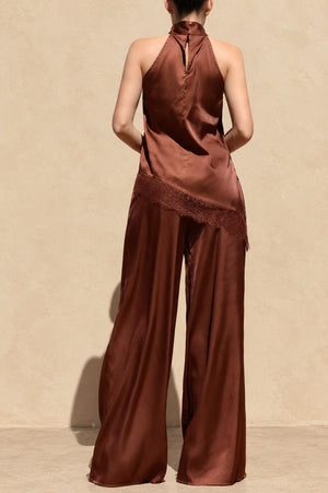 DD8748, Asymmetrical Lace Trim Satin Top & Pants Set