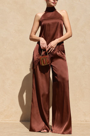 DD8748, Asymmetrical Lace Trim Satin Top & Pants Set