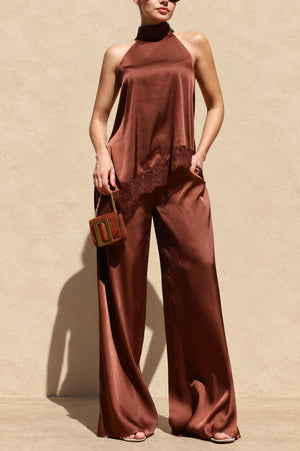 DD8748, Asymmetrical Lace Trim Satin Top & Pants Set