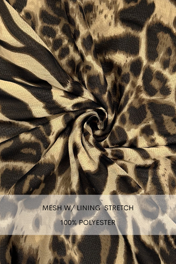 DD7537, SMOCKED MESH LEOPARD PRINT MIDI DRESS