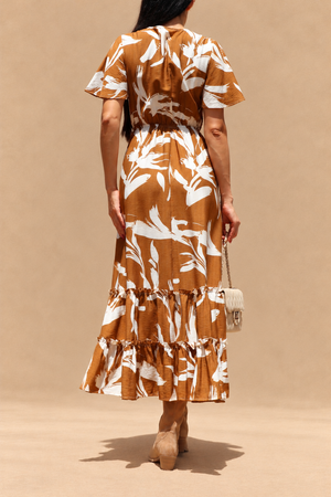 DD8398, Printed V Neck Midi Dress