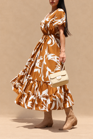 DD8398, Printed V Neck Midi Dress