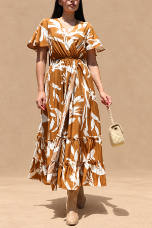 DD8398, Printed V Neck Midi Dress
