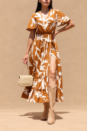 DD8398, Printed V Neck Midi Dress
