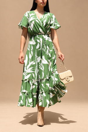 DD8398, Printed V Neck Midi Dress