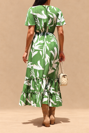 DD8398, Printed V Neck Midi Dress