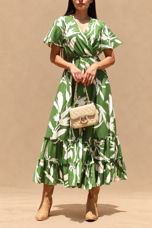DD8398, Printed V Neck Midi Dress