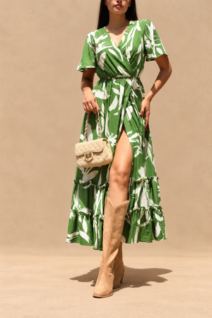 DD8398, Printed V Neck Midi Dress