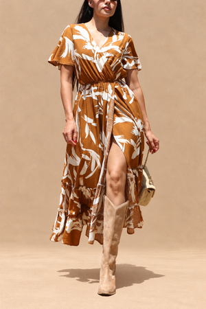 DD8398, Printed V Neck Midi Dress
