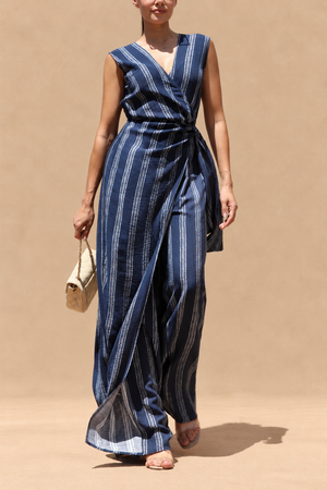 DD8415, Striped Loose Fit Wrap Style Jumpsuit