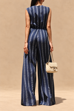 DD8415, Striped Loose Fit Wrap Style Jumpsuit