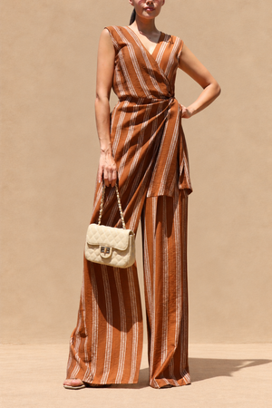 DD8415, Striped Loose Fit Wrap Style Jumpsuit