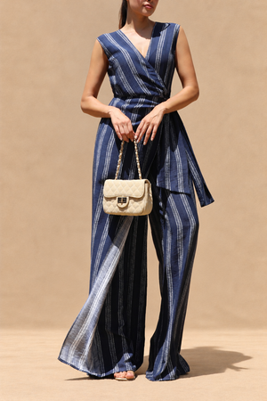DD8415, Striped Loose Fit Wrap Style Jumpsuit