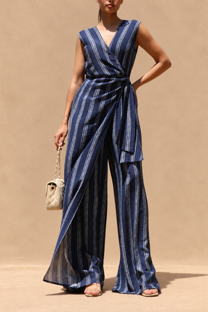 DD8415, Striped Loose Fit Wrap Style Jumpsuit