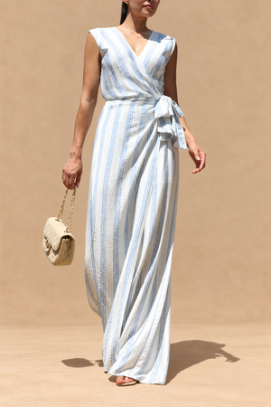 DD8415, Striped Loose Fit Wrap Style Jumpsuit