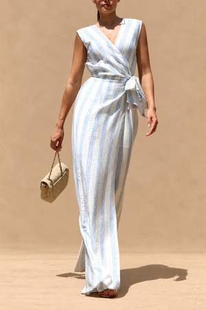 DD8415, Striped Loose Fit Wrap Style Jumpsuit