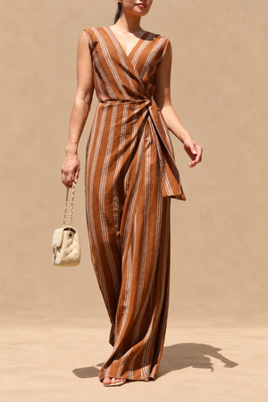 DD8415, Striped Loose Fit Wrap Style Jumpsuit