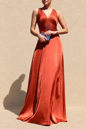 DD8506, V Neck Satin Maxi Dress
