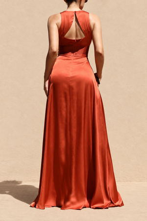 DD8506, V Neck Satin Maxi Dress