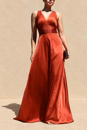 DD8506, V Neck Satin Maxi Dress
