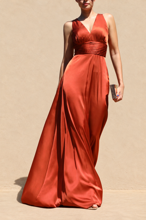 DD8506, V Neck Satin Maxi Dress