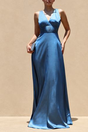 DD8506, V Neck Satin Maxi Dress