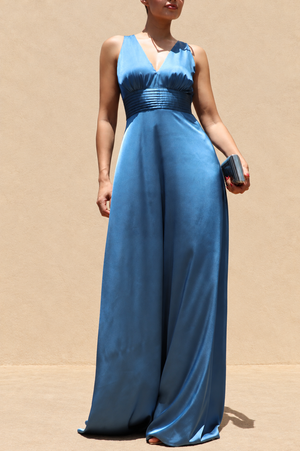 DD8506, V Neck Satin Maxi Dress