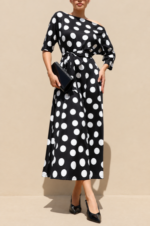 DD8512, Polka Dot Off Shoulder Knit Midi Dress