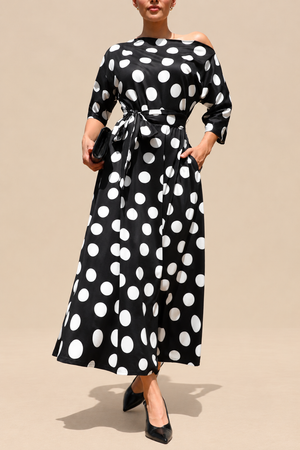 DD8512, Polka Dot Off Shoulder Knit Midi Dress
