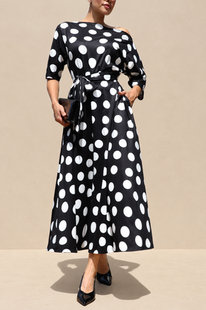 DD8512, Polka Dot Off Shoulder Knit Midi Dress