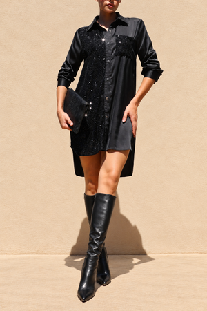 DD8673, Sequin Button Down Satin Mini Dress