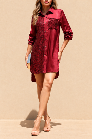 DD8673, Sequin Button Down Satin Mini Dress