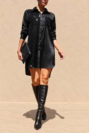 DD8673, Sequin Button Down Satin Mini Dress